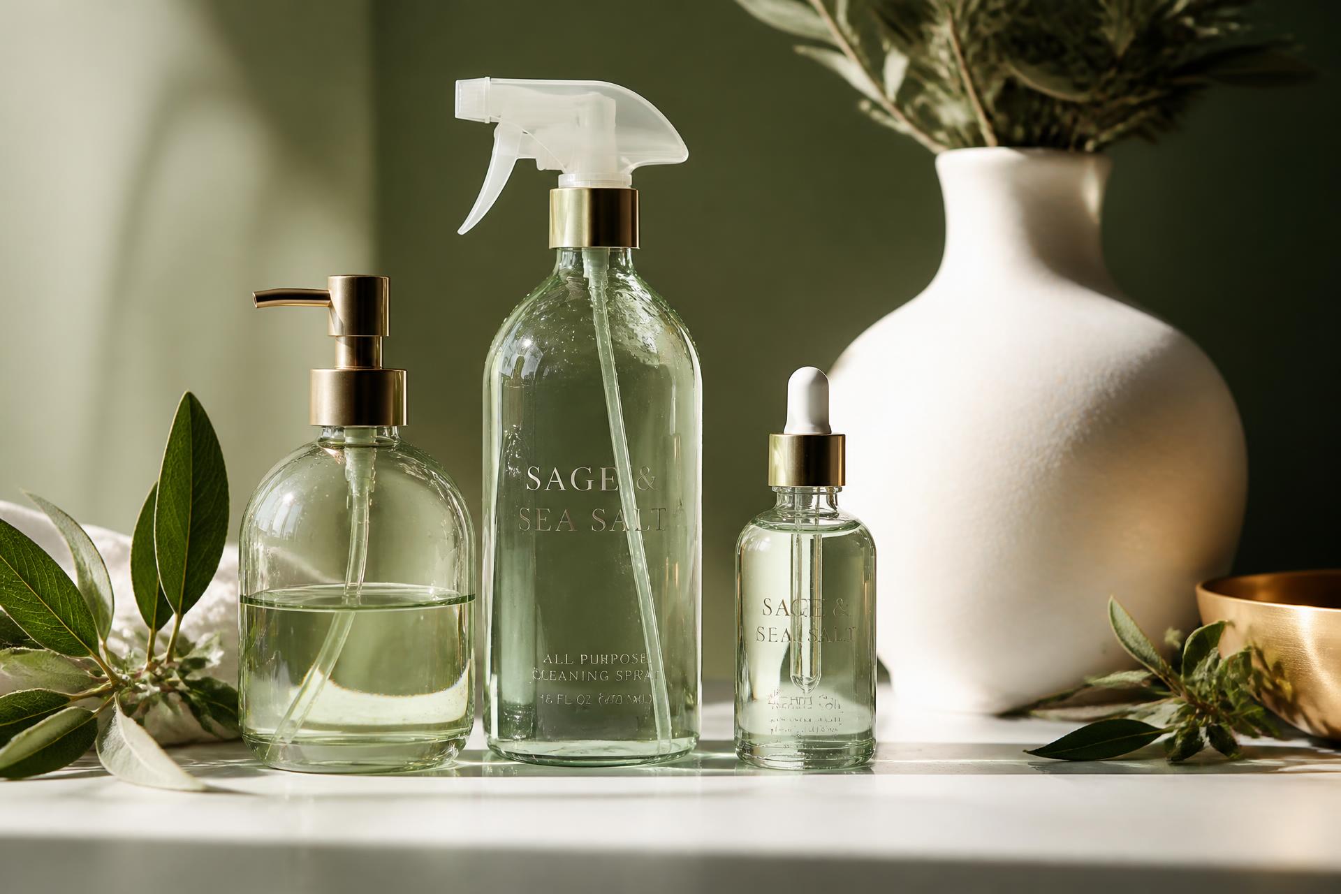 Premium personal care and cleaning bottles with sage accents